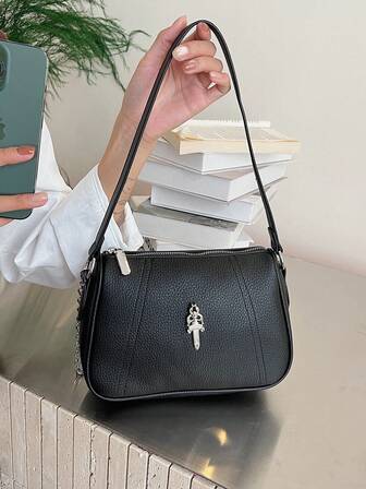 1 pieza Bolso de mano minimalista de moda para mujer, bolso de hombro de unicolor con patchwork, bolso cruzado con cadena, bolso de axila de PU, adecuado para uso diario de la mujer, ir y venir, trabajo, exterior, citas, compras, regalo de Navidad