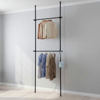 TFCFL Freestanding Heavy-Duty Carbon Steel Clothes Storage System, 2 Ties Black Coat Rack Closet Organizer, Floor Ceiling Laundry Drying Rack For Smooth Tiles, Solid Suspended Ceilings, Concrete Walls, Wooden Ceilings, And Rooms Without Suspended Ceilings