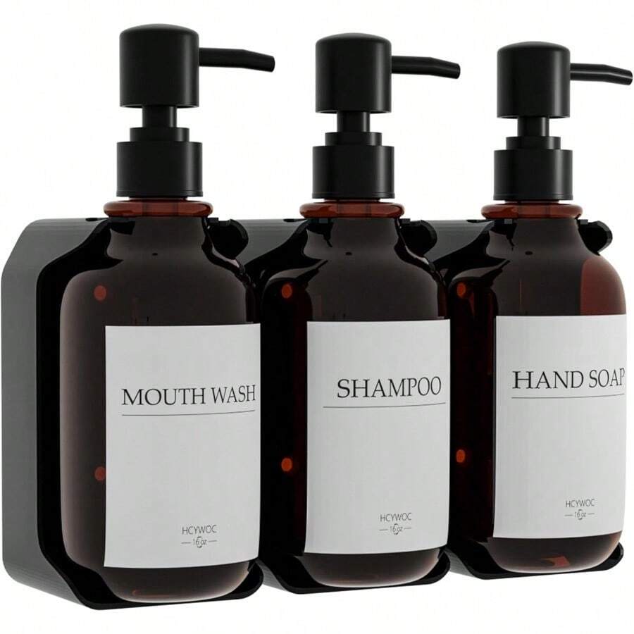 Dispensador de Shampoo y Acondicionador 3 Piezas Dispensador de Jabon Baño Pared on 16 Etiquetas Impermeables Sin Taladrar Dispensadores de Jabon de Ducha para Baño y Cocina 500ml Ámbar - mbar - Ver 1