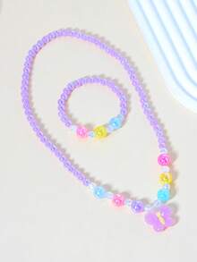 2pcs/Set Girls Cute Butterfly Flower Heart Pearl Beaded Bracelet Necklace Jewelry Set, Suitable For Girls Daily Wear And Gifting To Friends