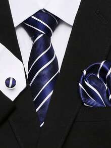 AlanKing 1set Gray Striped Tie, Handkerchief And Cufflinks Set, Formal Business Suit Accessories For Men, Wedding Party Gift Men Necktie - Color Mixing - View 4