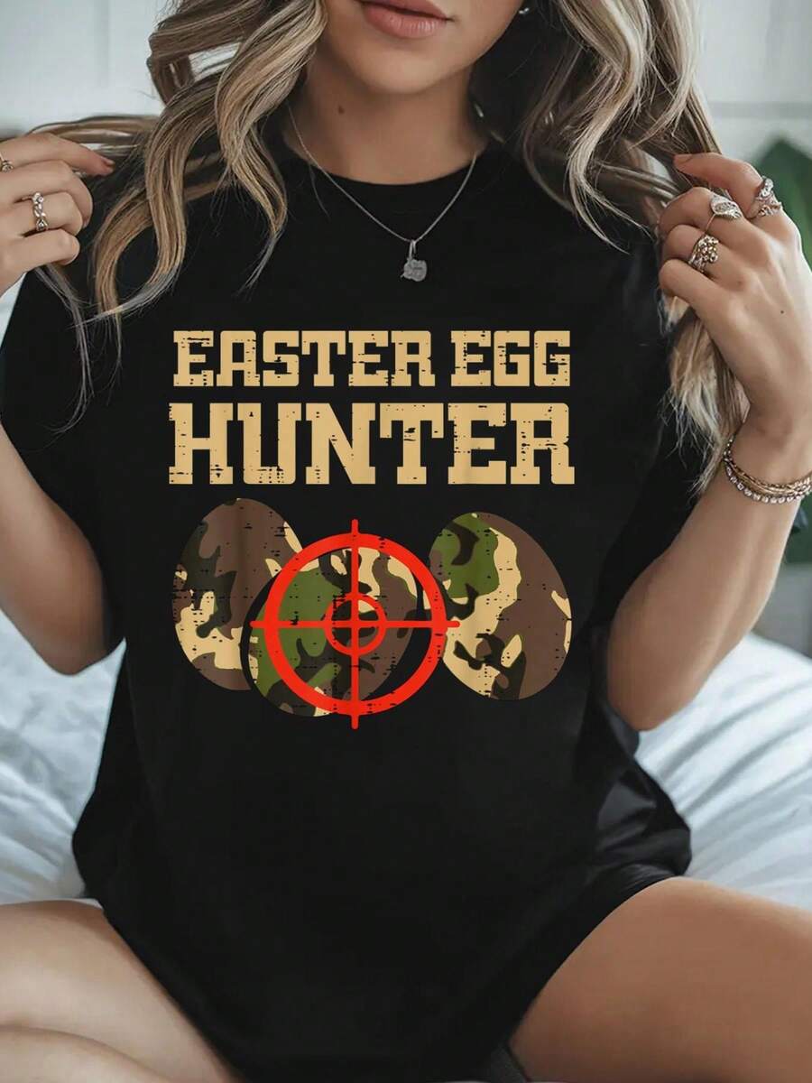 100% Algodón 4Easter Egg Hunter Camo Camiseta Divertida de Caza para Niños Niñas Camiseta de Algodón para Verano, Top de Manga Corta Suave para Mujeres, Camiseta Estilosa y Cómoda para Mujeres Camisetas Gráficas - Negro - Ver 1