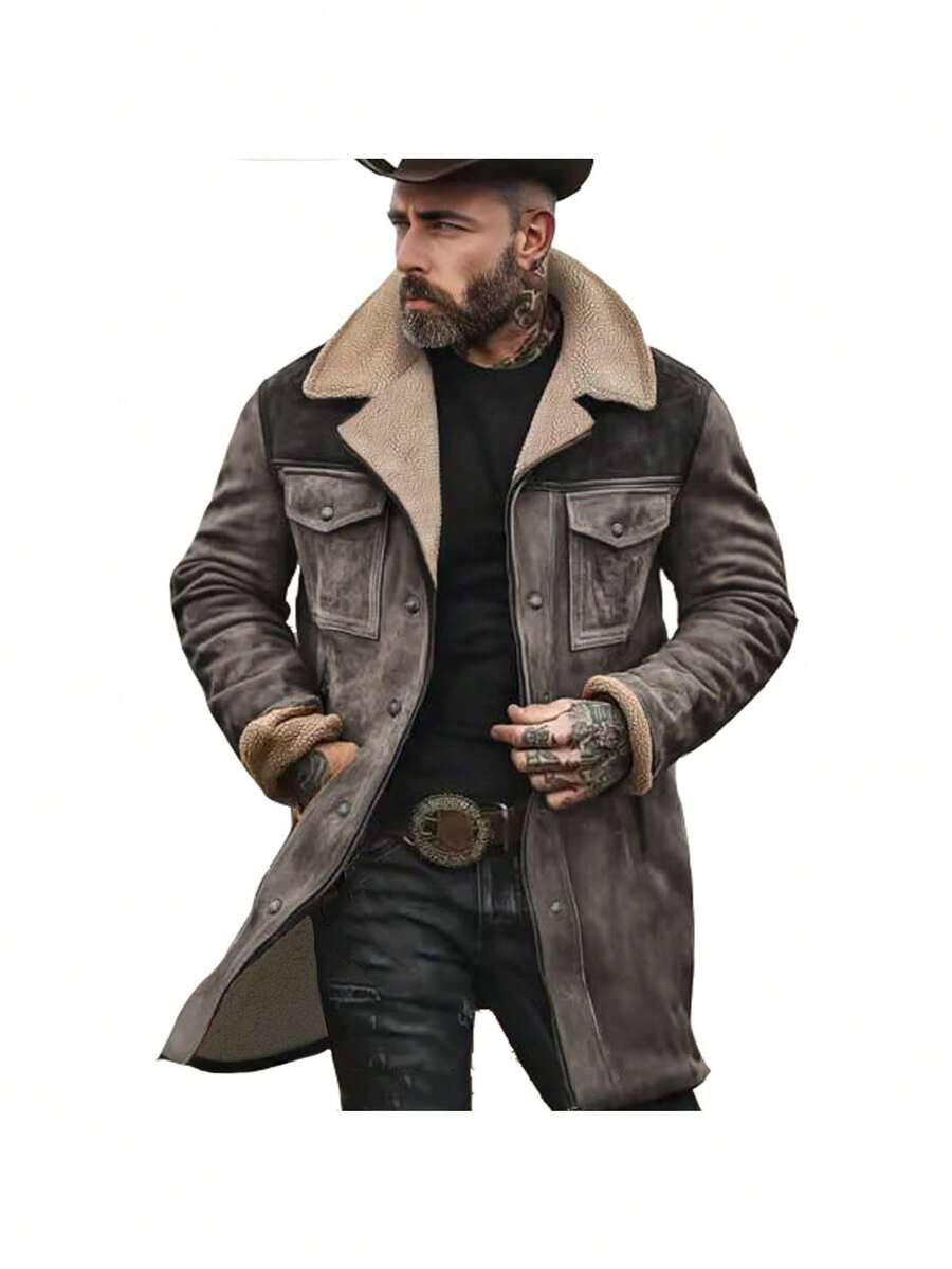 Men's Trench Coat,Men's Autumn/Winter Suede Color-Blocked Jacket With Multiple Pockets And Zipper - Grey1 - View 1