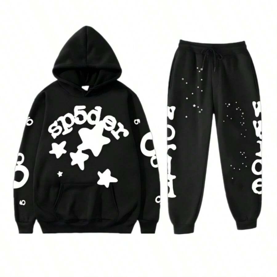 Fashion Street Hooded Set - Playful Star And Letter Print, Loose Casual Design,Y2K Preferred Two - Piece For Daily Sports And Streetwear - 黑色 - 查看 1