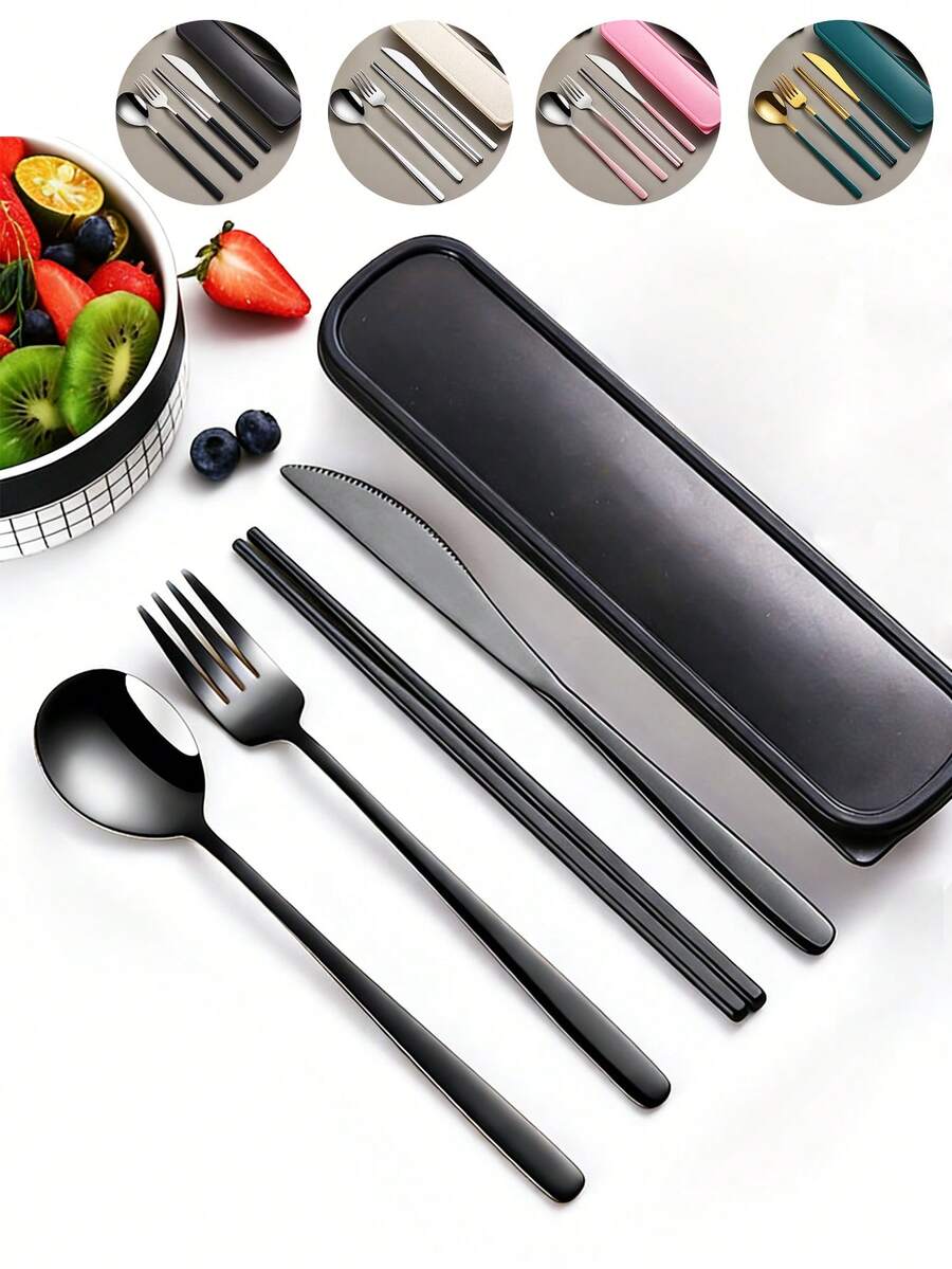 4pcs Stainless Steel Portable Cutlery Set, Travel Utensils With Case, Reusable Stainless Steel Camping Cutlery Set Including Fork, Spoon, Chopsticks And Case, Suitable For Western Dining, Kitchen, Lunch Box, Office, Picnic, Daily Meals, Multi-Combination - Multicolor - View 1
