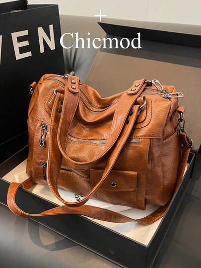 1pc Large Capacity Vintage PU Leather Tote Shoulder Bag, Women Casual Handbag And Wallet Suitable For Shopping, Office, University, Work, Business, Commuting, Outdoor Activities, Travel, New Arrival Tote Bags For Woman