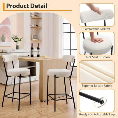 Juego de 2 Taburetes Altos para Barra, 26 Pulgadas, Taburetes con Respaldo en Tejido Bouclé, Cojines Gruesos y Patas de Metal para Isla de Cocina, Encimera, Comedor