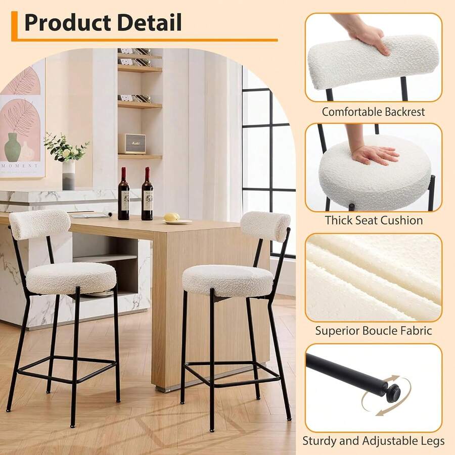 Juego de 2 Taburetes Altos para Barra, 26 Pulgadas, Taburetes con Respaldo en Tejido Bouclé, Cojines Gruesos y Patas de Metal para Isla de Cocina, Encimera, Comedor - TERCIOPELO BEIGE - Ver 1