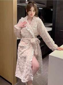 1pc Women's Hotel SPA Outdoor Pool Wool Robe, Soft Plush Long Bath Robe, Thick Warm Kimono Robe, Cozy Home Jacket, Sexy Lace Trim Bathrobe - Multicolor - View 3