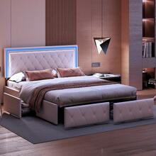 Caluself PU Upholstered Bed 140/160x200 Cm, Double Bed And 4 Drawers, Bed Frame With Adjustable Headboard, Storage Beds, Youth Bed Frame, Bed With Slatted Base - Màu be - Xem 5