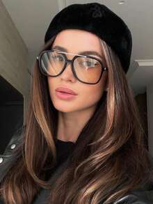 1pc Metal Square Double Bridge Versatile Fashion Eyeglasses, Suitable For Autumn/Winter Outfits - Black-framed Tea - View 2