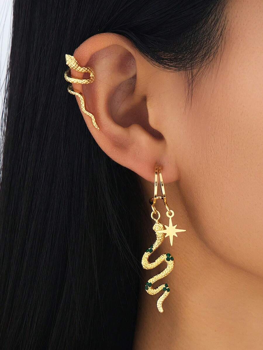 3 Peças/Conjunto Brinco Ear Cuff de Cobra Estilo Europeu e Americano, Conjunto de Brincos de Cobra com Hexagrama e Strass Verde, Brincos Personalizados Únicos Adequados para Mulheres, Adequados para Uso Diário, Reunião com Amigos, Sessão de Fotos de Moda, Decoração de Banquete, Decoração de Feriados