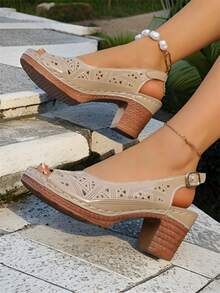 Women's Lightweight Hollow Out Beach Sandals, Summer Fashion Resort Style Thick Bottom Open Toe Backless Strap Sandals, Charming For Casual Vacation Outdoor Wear, Comfortable Lightweight Beach Slippers, Sports Beach Home - Khaki - View 4