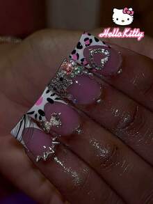 SANRIO 24pcs Short Square 3D Denim Texture White French Manicure Nail Stickers, Decorated With 3D Cute Heart, Line, Nail, Bow And Pearl Rhinestone, Pink Girly Style, Perfect Fit For Fake Nails, Includes 1 Bottle Of Glue And 1 Nail File, Suitable For Daily Life And Party - Multicolor - View 8