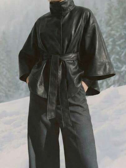 OUTTA BOX Waist Belt Sleeveless Stand Collar Loose PU Solid Color Fashionable Elegant Women Cloak Jacket, Suitable For Home, Daily Wear, Gatherings, Spring, Winter, Valentine's Day