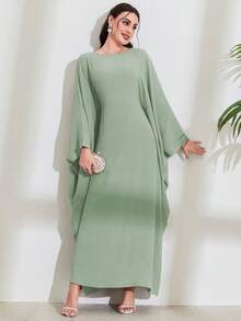 女士纯色蝙蝠袖长裙，优雅长袖阿巴雅长袍，卡夫坦长袍，伊斯兰服装，端庄优雅 - 薄荷綠 - 查看 8