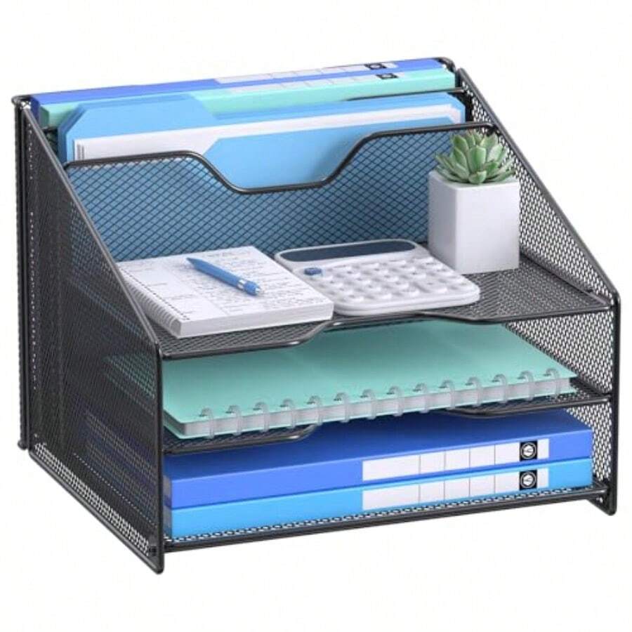 QWEB-Organizador de Escritorio con Bandeja para CartasSoporte para Archivos con 3 Bandejas para Papel y 2 Secciones Verticales Organizador de Almacenamiento de Papel Organizador de Bandejas para Oficina - 1paquete - Ver 1