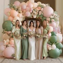 126件粉色和绿色气球拱门套装，粉色、白色和绿色气球拱门套装，包含混合尺寸的鼠尾草绿、粉彩粉、沙色、白色、浅橙色气球，适用于婚礼、生日派对、新娘送礼会装饰 - 彩色 - 查看 2