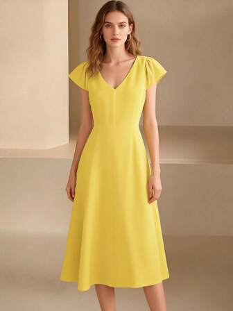SuofeiMan New Elegant V-Neck Dress, Versatile Solid Color Slimming Mid-Length Dress, Suitable For Work And Casual Wear, Summer/Autumn