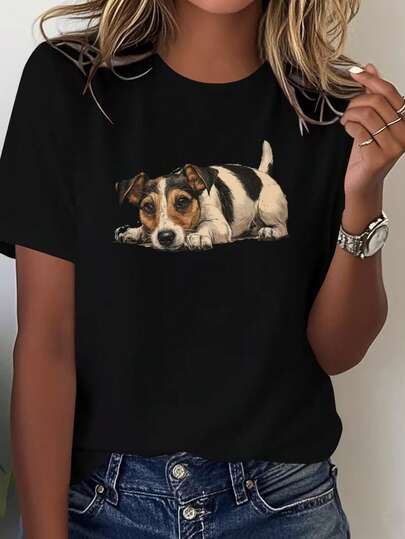 100% Cotton Women's Black Short-Sleeve T-Shirt, Printed With A 'lying Jack Russell Terrier' Design. This T-Shirt Is Perfect For Those Who Enjoy Casual Spring And Summer Tops. The Round-Neck Casual Top Is Designed Specifically For Women, Machine Washable, Comfortable And Breathable, Suitable For Everyday Casual Wear And Vacation Occasions.