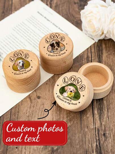 1 pieza Caja conmemorativa de madera personalizada con fotos de mascotas y texto - Un frasco colector para el pelo de perros y gatos, un regalo para amantes de las mascotas en duelo, Caja conmemorativa de madera personalizada con foto de mascota