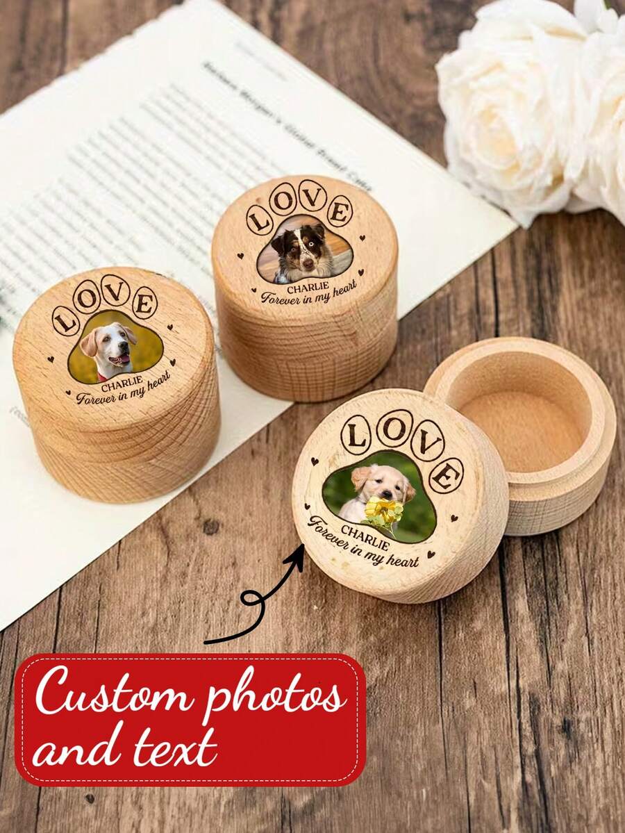 1pc Personalized Customization Pet Photos And Text Wooden Memorial Box With For Pet Hair - A Collection Jar For Dog And Cat Fur, A Gift For Pet Lovers In Mourning,Customized Personalized Pet Photo Wooden Fur Commemorative Box - Multicolor - View 1