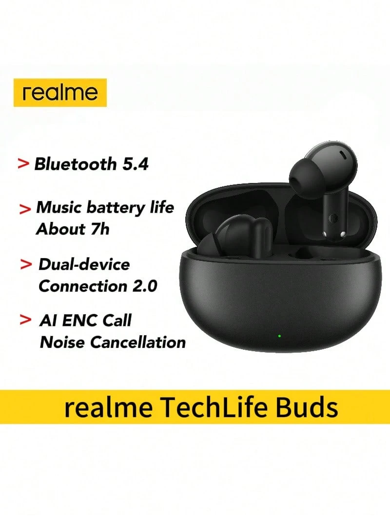 Realme TechLife Buds RMA2506 真无线耳机,蓝牙 5.4,音乐播放长达 7 小时,双设备连接 2.0,AI ENC 通话降噪,圣诞礼物/赠品 - 黑色 - 查看 1