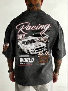 Zrgoth Men's Casual Versatile Minimalist Racing English Slogan Element Washed Short Sleeve T-Shirt - Black - View 2