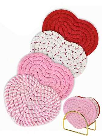 4pcs/1pc Handmade Pink Heart-Shaped Coasters, Cute & Romantic Decor, Heat-Resistant, Suitable For Valentine's Day Decor, Gifts, Parties, Desktops, Coffee Tables, Offices, Living Rooms, Bedrooms, Home Essential