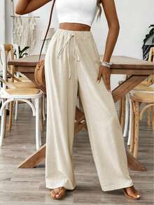 Women's Casual Drawstring Waist Straight Leg Pants With Side Pockets, Simple Elegant Style Suitable For Daily, Commuting Summer - Apricot - View 3