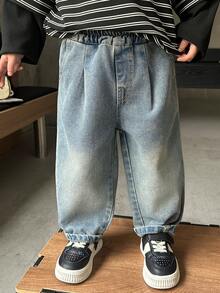 男童秋季字母刺绣宽松直筒牛仔裤，适合日常、上学、休闲和户外穿着 - 藍色 - 查看 3