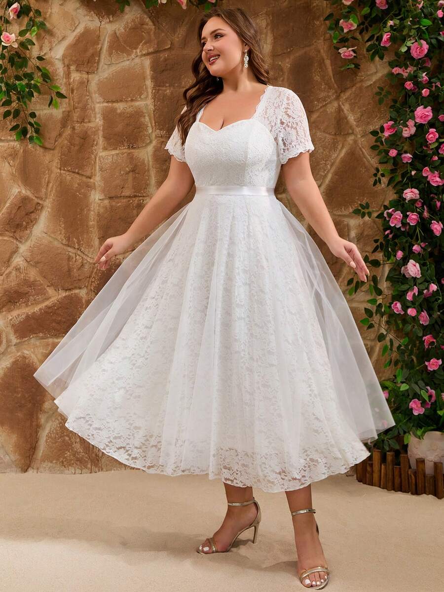 Women Plus Size Elegant Floral Lace Mesh Sweetheart Neck Ankle Length Semi Formal Wedding Dress For Bridal Shower Wedding Dresses For Bachelorette Party Engagement Brunch Honeymoon Reception Rehearsal
