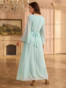 Rhinestone Embellished V-Neck Long Dress, Elegant Formal Gown With Long Sleeves - Mint Green - View 2