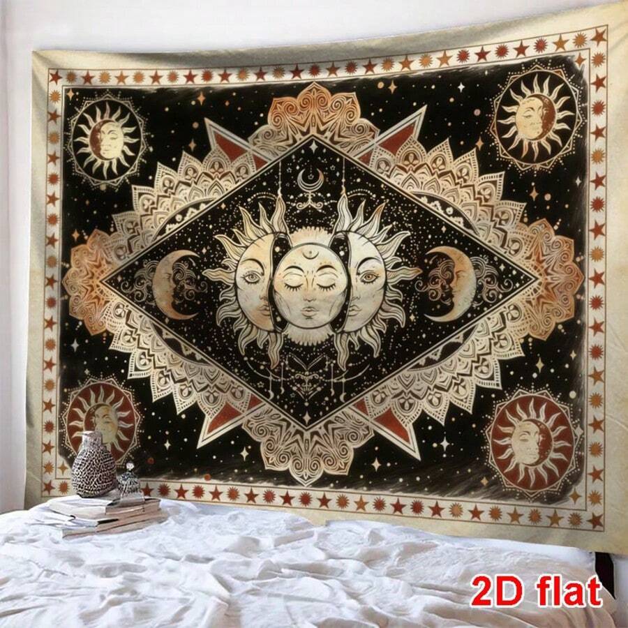 1件波西米亚太阳神印花挂毯，现代涤纶方形装饰壁挂，适用于客厅和卧室 - 彩色 - 查看 1