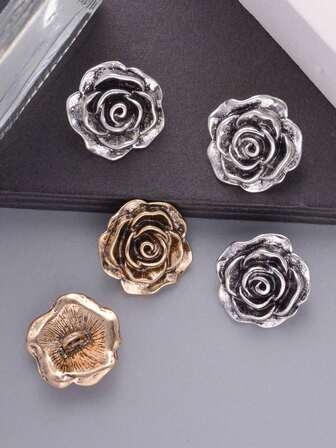6 piezas de Botones de metal con diseño de rosa vintage, botones decorativos de estilo antiguo adecuados para abrigos, suéteres, trajes, chaquetas, ropa de mujer, manualidades DIY, accesorios para el cabello, suministros de costura - Dorado y gris plateado