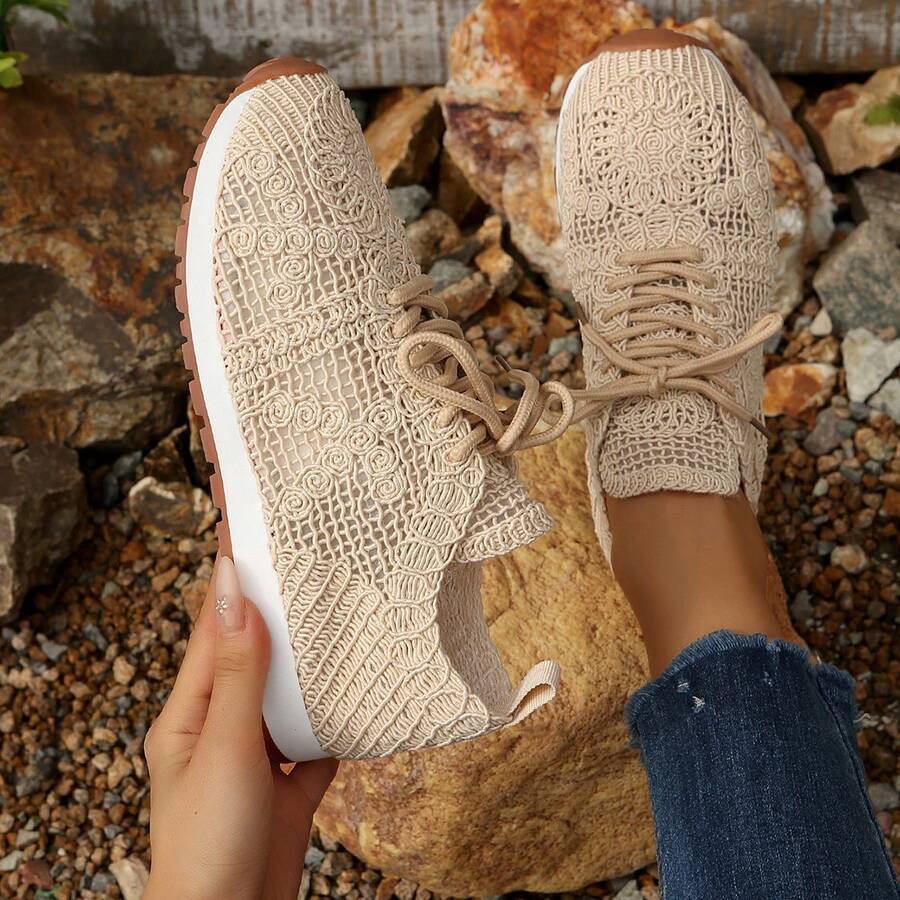 Women's Elegant Round Toe Lace-Up Thick Sole Fashion Sneakers - Apricot - View 1
