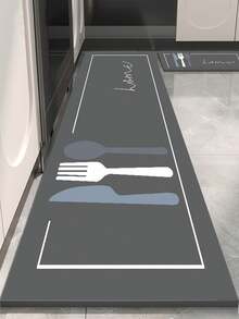 1件装硅胶厨房垫，带叉子、勺子、刀子图案，简约设计，并印有手写“家”字样，奢华厨房装饰垫，缓冲防疲劳厨房地毯，表面织物材质，中间海绵吸水材质，底部橡胶材质，易于清洁，厚度约3.5毫米。