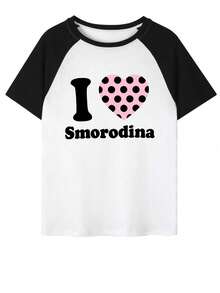 Summer New Z-Gen Y2K Women Top Polka Dot Heart Print Round Neck Contrast Raglan Short Sleeve T-Shirt - Black and White - View 5