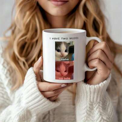 Taza con meme "Hehe Not Hehe", Tengo dos modos, taza de café divertida con gatito - Taza de cerámica con memes de gatos, taza de novedad humorística para amantes de los gatos, 11oz, taza de té con cita sarcástica, apta para lavavajillas/microondas para el hogar/oficina, regalo lindo para entusiastas de los memes