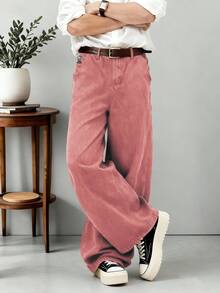 1pc Retro American Style Men's Loose Fit Wide Leg Brown Jeans, Cartoon Elephant Embroidery, Unisex (Belt And Accessories Not Included) - Pink - View 2