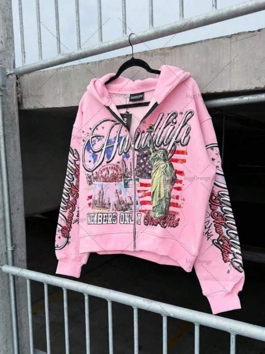 Graphic Hoodie  Hip-Hop Streetwear American Vintage Letter Unisex Hooded Cardigan Print Couple Loose Sports Harajuku Style Sweatshirt Hoodie For Men Hoodies Y2k - 粉色 - 查看 1