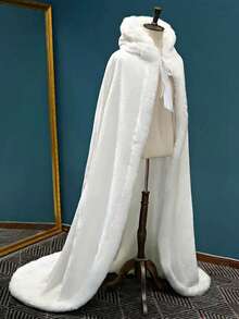 1pc Extra Long & Thick White Warm Soft Faux Rabbit Fur Bridal Shawl Wrap, Hooded Faux Fur Cloak Cape For Outdoor, Photography Studio - 彩色 - 查看 7