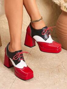 Women's Multi Colored Oxford Shoes Fashion Square Toe Chunky High Heels Platform Brogues Pumps Lace Up Work Office Dress Shoes - Đỏ - Xem 3