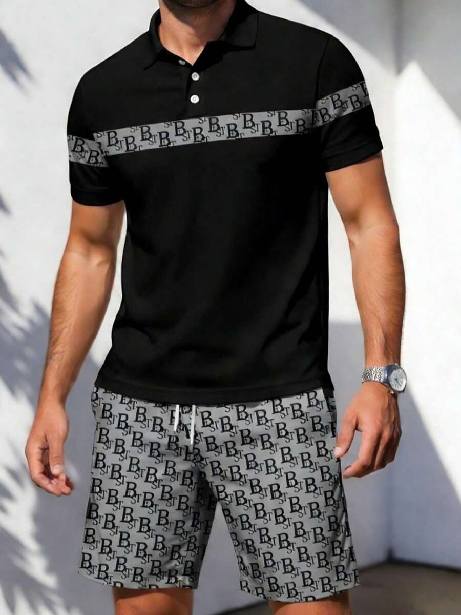Men's Casual Letter Print Polo Shirt And Shorts Set, Summer - Multicolor - View 1