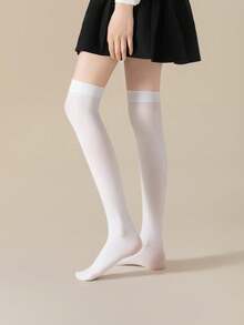 1 Đôi tất cao đến đầu gối màu trơn thoải mái, tất cao đến đùi nhẹ cho nữ, ấm áp - màu đen - Xem 5