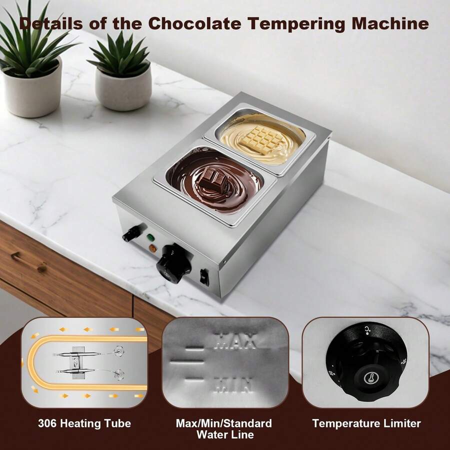 Calentador de alimentos comercial, máquina para templar chocolate con 2 tanques y tapa, crisol eléctrico de acero inoxidable para queso y chocolate, 800 W - Plateado - Ver 1