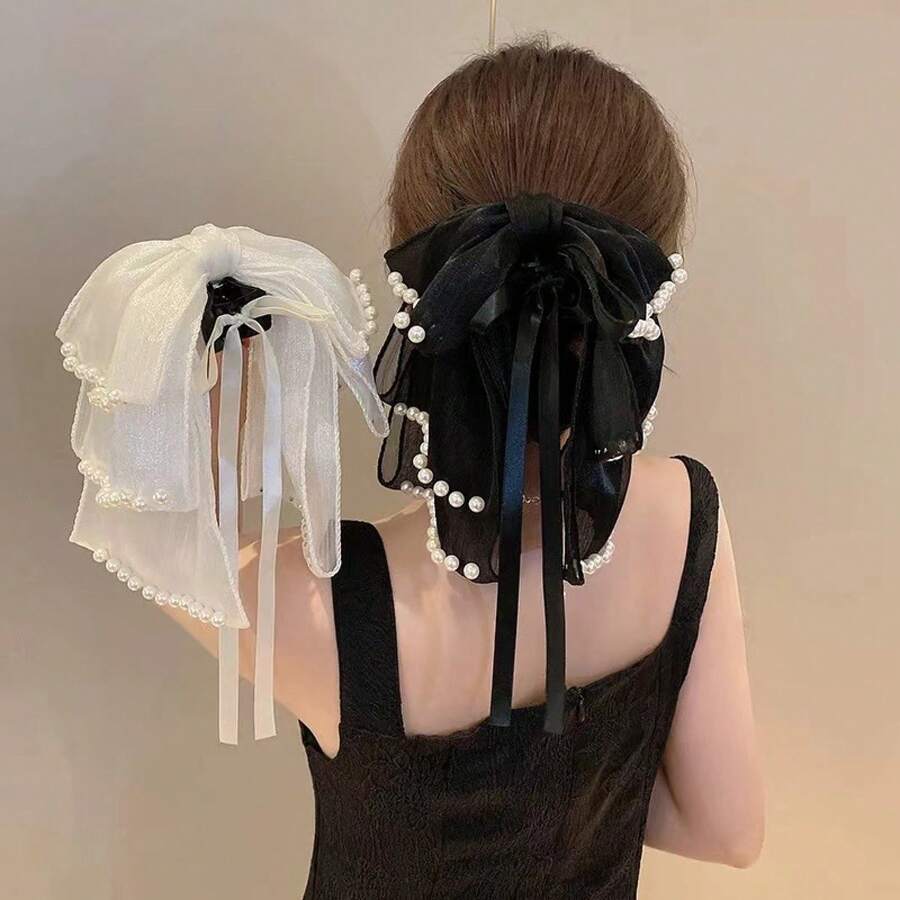 European And American Style Multi-Layer Pearl Claw Clip High-End Black Ribbon Vintage Fashion High Ponytail Hair Clip For Women Back Of Head - 白色 - 查看 1
