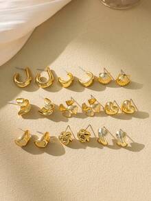 6-18pcs Mini Gold-Tone Earring Set (Includes Earring Studs), Heart & Bow Design, CCB Material, Suitable For Daily Wear - Gold - View 2
