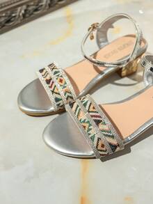 Women's Buckle Strap Sandals, New Chunky Heel Strap Open Toe Comfortable Fashion Sandals - Silver - View 4