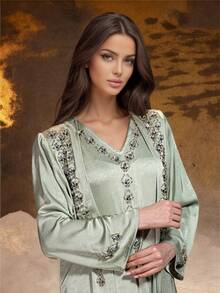 Elegant Women's V Neck Arabian Dress With Rhinestone And Applique Details Regular Long Sleeve Non-Stretch Fabric Caftan Spring - Mint Green - View 4